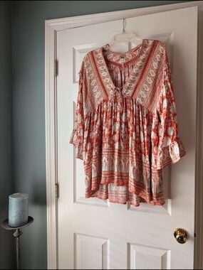 Free People Coral and Light Blue Printed Boho Tunic Dress